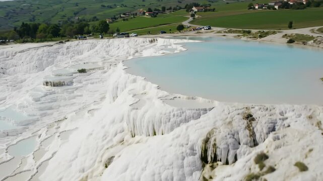 Aerial drone view of Pamukkale, Turkey's stunning white travertine terraces and natural mineral hot springs pools with turquoise water, a UNESCO World Heritage site.