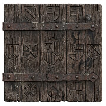 Ancient, weathered wooden door panel featuring intricate carved heraldic shield designs and rustic metal reinforcement straps with wax drips, isolated.