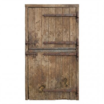 Old weathered wooden stable door with authentic rustic texture, rusty iron hinges, and latch. Isolated on a white background, perfect for design elements or antique themes.