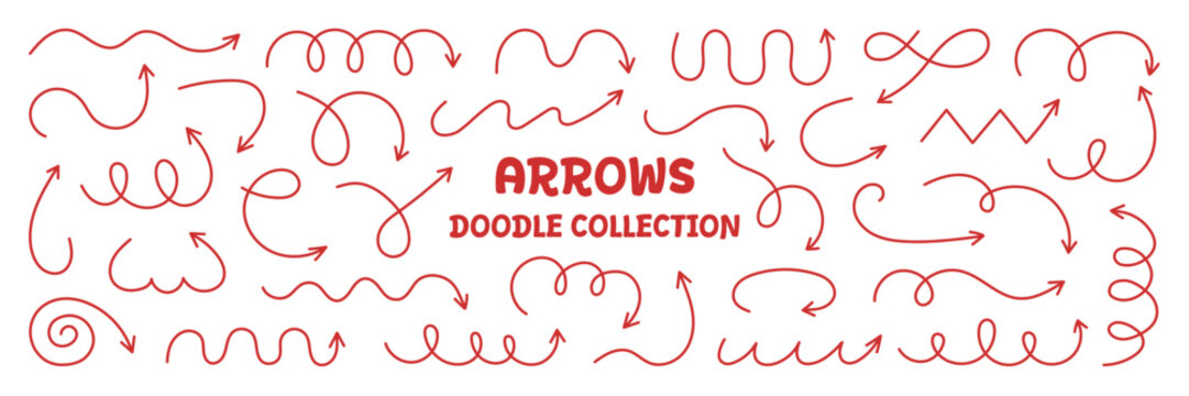 Squiggly red arrows and line movement doodle icons set. Curve and Spiral comic symbols in sketch style. Hand drawn vector illustration isolated on white background