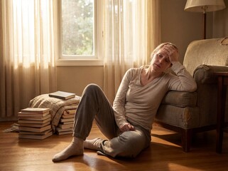 Obraz premium Anemia: Professional photography, woman sitting on the floor feeling dizzy, hand to head, pale skin, sunlight filtering through a window, realistic domestic fatigue.