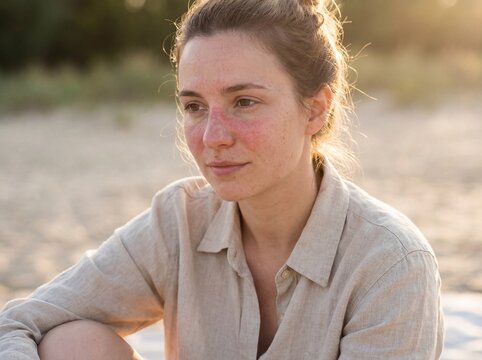 Lupus (SLE): Professional photography, young woman with a visible butterfly-shaped red rash across her cheeks and nose, soft sunlight, authentic skin details, editorial portrait. Vivid light. Profe
