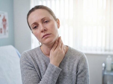 Hashimoto&rsquo;s Thyroiditis: Professional photography, woman touching a slightly swollen neck/thyroid area, exhausted expression, pale skin, soft clinical lighting, high resolution. Vivid light. Profe