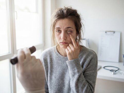 Anemia: Professional photography, young woman looking exhausted, pulling down lower eyelid to reveal pale conjunctiva, soft natural lighting, medical diagnostic focus
