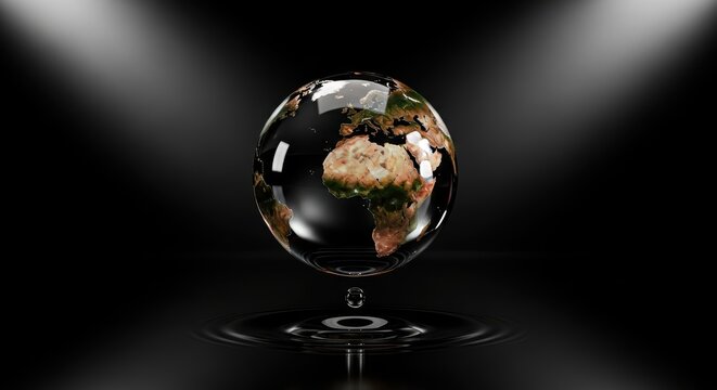 Globe Model on Black Background with Spotlights and Rippling Water Effect