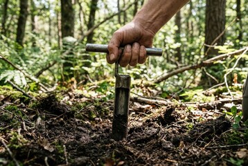 Researcher hand pushing a metal soil corer tool into the forest ground