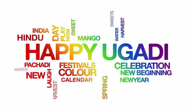 Happy ugadi concept Animated Tag Word Cloud kinetic typography, Text Design Animation typography seamless loop video motion graphics Intro Wordart festive rainbow type on white background bg backdrop