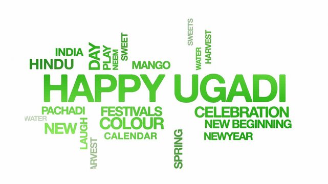 Happy ugadi concept Animated Tag Word Cloud kinetic typography, Text Design Animation typography seamless loop video motion graphics Intro Wordart festive green type on white background bg backdrop