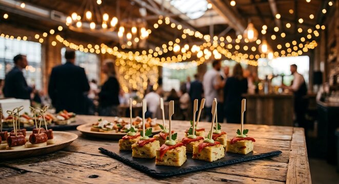 Gourmet Spanish Tapas Skewers and Small Bites on a Rustic Table at an Industrial Event Venue with Warm Golden Bokeh