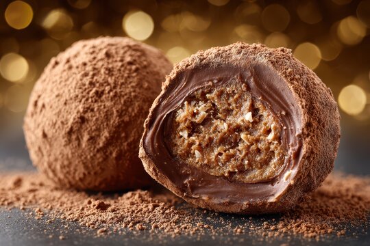 Close-up of decadent chocolate truffles covered in cocoa powder, one cut open showcasing a rich, nutty filling, with a soft bokeh background, creating a gourmet dessert.