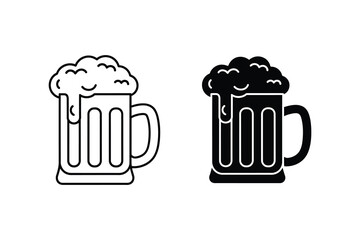 Two black and white vector illustrations of frothy beer mugs, one colored and one outlined, on a white background, perfect for icons or logos.