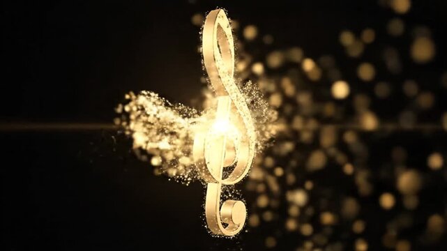 A golden treble clef shimmers against a black background, with flowing golden particles