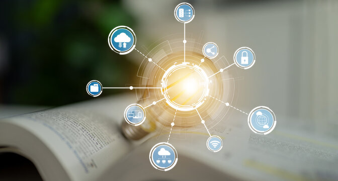 Illustrative representation of cloud computing with digital icons radiating from a light source on an open book. Perfect for technology, education, and innovation themes. Crux