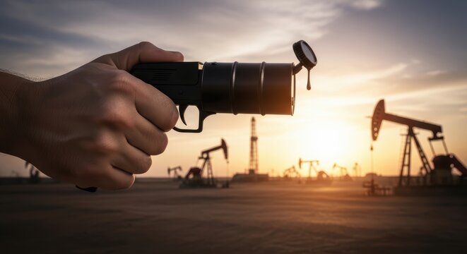 Hand Holding Black Gun Silhouette Against Sunset with Oil Rigs in Industrial Landscape