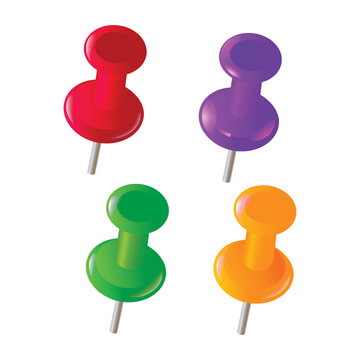 Set of colorful push pins and thumbtacks isolated on white background for office memo board and stationery organization