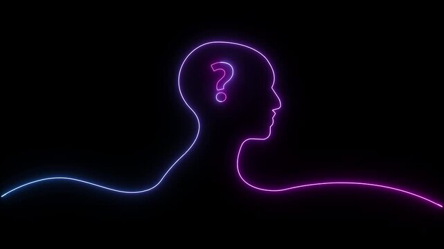 Neon outline of human head in profile with question mark inside, glowing purple and blue lines on black background, futuristic concept of thinking, doubt, mental health, ai.