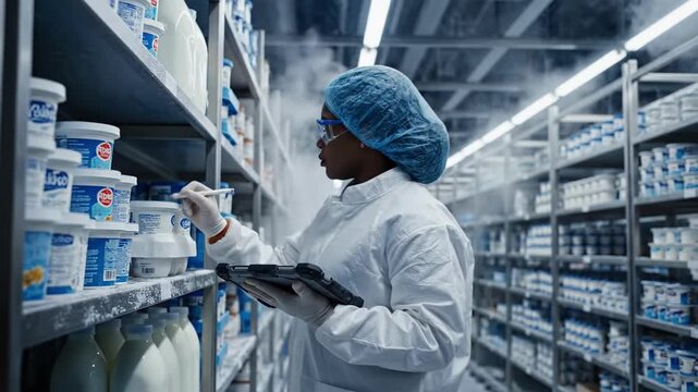 Woman in protective suit and hairnet working in cold storage warehouse, checking inventory stock with digital tablet. Food production and quality control concept