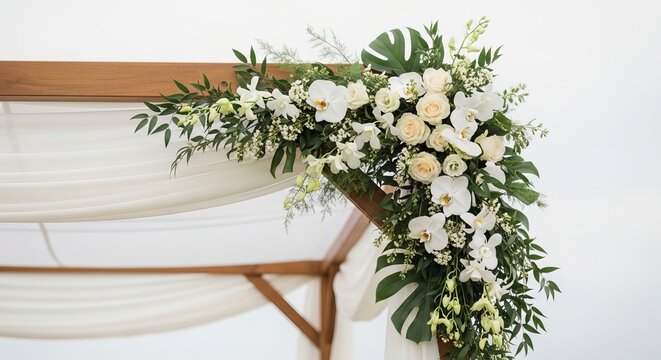 Wedding floral garlands of white orchids and greenery arranged on the corner of a wooden chuppah canopy
Wedding arch decorated with white flowers and green foliage  