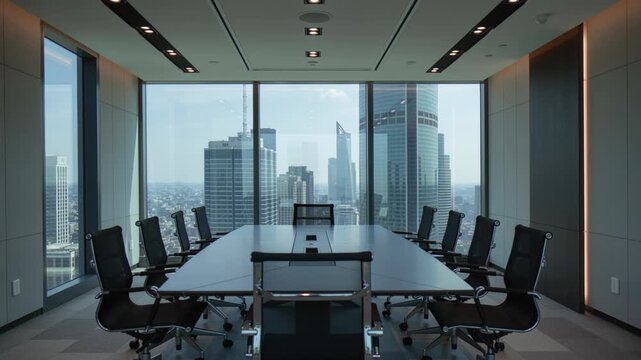 Modern empty boardroom with cityscape view. Contemporary conference room with large window and office chairs