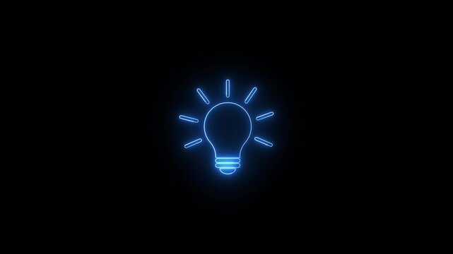 Glowing blue neon light bulb icon with rays on dark background, minimal idea concept.