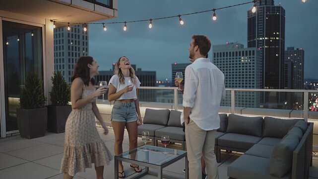 Friends laughing and toasting wine glasses, enjoying rooftop evening party in city skyline, young adults talking