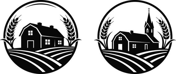 Rural farm landscape logo set with barn house, wheat ears and church silhouette in circular badge design for agriculture branding countryside emblem illustration © Amit World