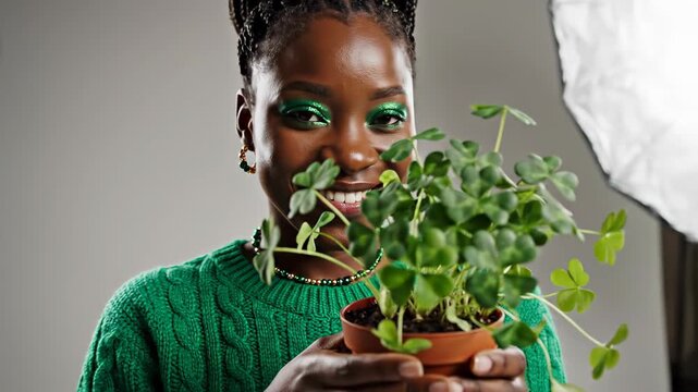 Happy african american woman holding a green potted shamrock plant, celebrating saint patrick day for luck and holiday cheer
