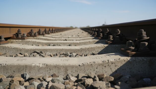 Perspective view of railroad tracks stretching into the distance under a clear blue sky.
