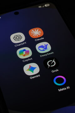Buenos Aires, Argentina; February 23th 2026: Artificial intelligence applications icons on a mobile phone screen.