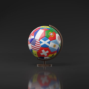 Globe shaped like a soccer ball with the colors of the countries participating in the World Cup. 3D illustration.