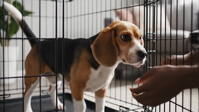 Hands opening dog cage and petting beagle. Adoption, pet care, and animal welfare concept showing owner interacting with dog in crate