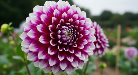 Fototapeta premium Beautiful purple and white dahlia flowers in a garden setting outdoors in nature