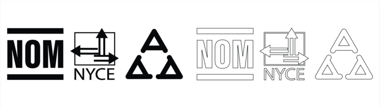 set of product certification icons, standard technology-electronic safety vector template, NOM+NYCE+TRIANGLE, illustration with thin lines editable, eps 10