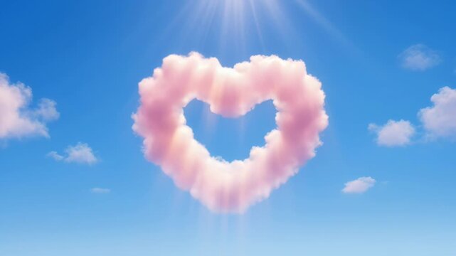 Pink heart shaped cloud in a bright blue sky with glowing sun rays shining through.