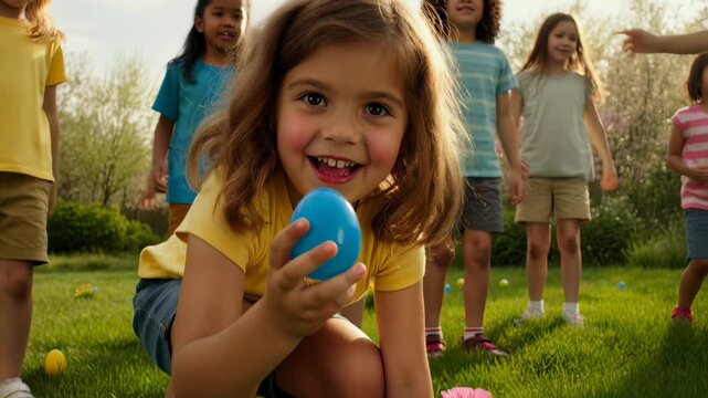 Happy diverse group of children running through a sunny spring park during an Easter egg hunt, with a close-up of a young girl excitedly finding a colorful egg in the grass.