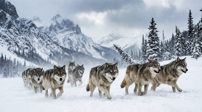 Gray wolves run across a snowy mountain valley. Pine trees line the ridges under a heavy overcast sky.