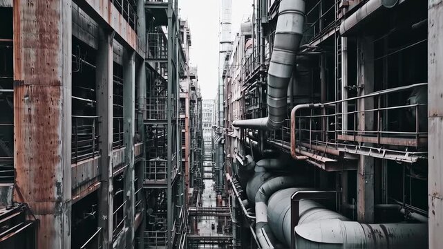 Industrial complex exterior with weathered structures and complex piping systems representing urban decay and abandoned architecture
