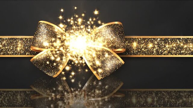 Elegant illustration of a sparkling black bow with gold trim and ribbon against a dark background