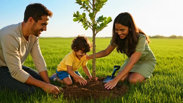 Happy young family with a small child planting a new tree in a sunny field together, teaching the son about nature, sustainability, and environmental protection during sunset.