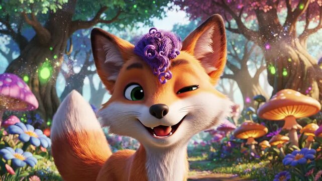 Cartoon fox smiling in a vibrant forest with glowing mushrooms