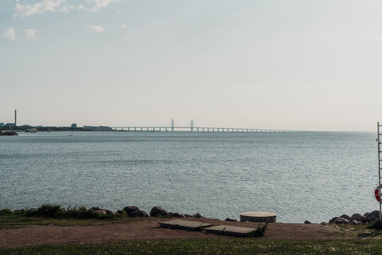 The Oresund Bridge over the Batlic sea, linking Malmo to Copenhagen , View from Sweden
