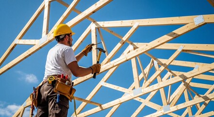 Construction Worker Building Timber Roof Truss Structure Against Clear Blue Sky