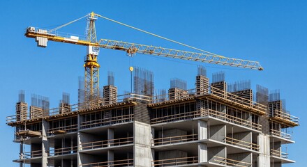 Large-Scale Building Construction Site with Yellow Tower Crane and Reinforced Concrete Structure Under Clear Blue Sky