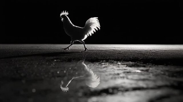 A rooster in a monochrome photo walks across a reflecting surface under black backround