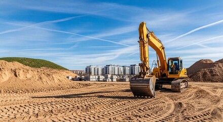 Yellow Hydraulic Excavator at Active Construction Site with Modern Buildings Under Blue Sky
