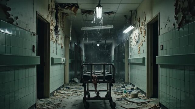 A haunting image of a derelict hospital hallway, evoking feelings of decay, isolation, and unsettling mystery. Ideal for horror themes, editorial cont
