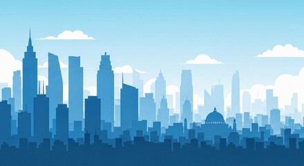Fototapeta premium Minimalist Vector City Skyline Illustration Blue Monochromatic Panoramic Modern Cityscape