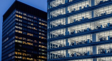 Obraz premium Contrasting Modern Office Buildings at Dusk Illuminated Interiors Revealing Late-Night Urban Activity