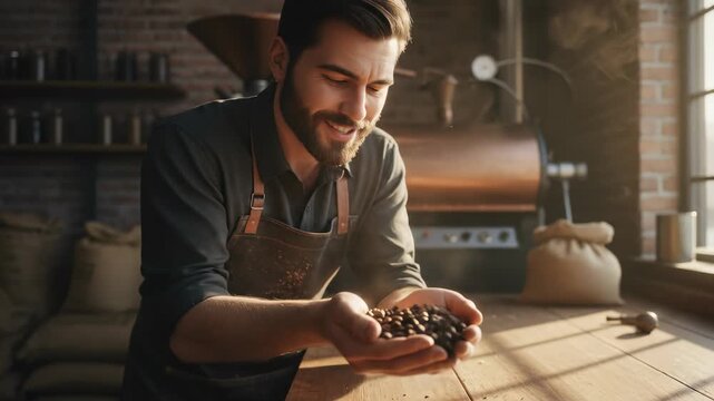 A passionate male coffee roaster in a leather apron smelling a handful of freshly roasted coffee beans in a rustic, sunlit workshop while inspecting his craft near a roasting machine.