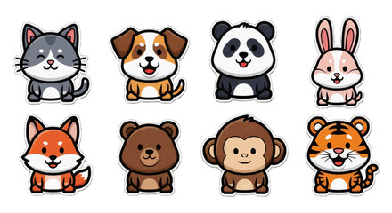 Fototapeta premium Playful grid of eight cartoon animal faces on white background illustration